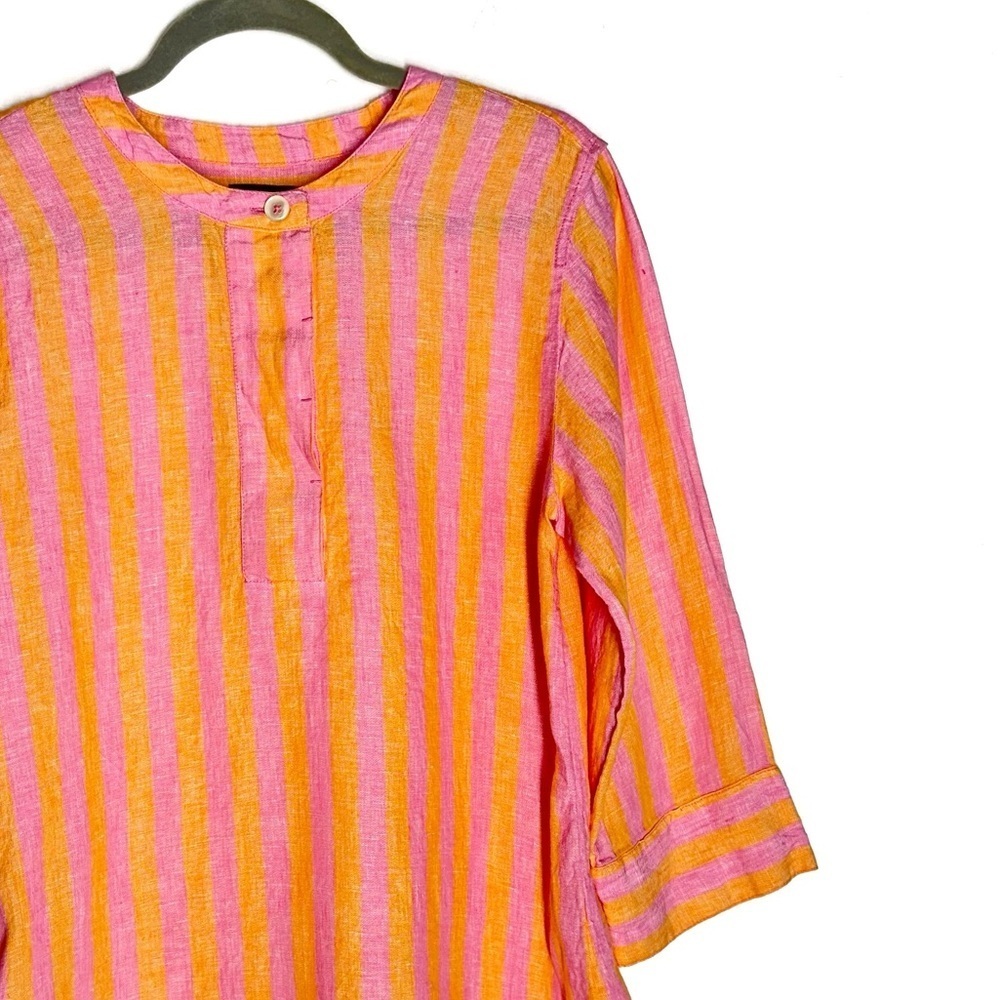 J. Crew 100% Linen Pink and Orange Striped Popover Shirt 3/4 Sleeves Size XS - Picture 3 of 13